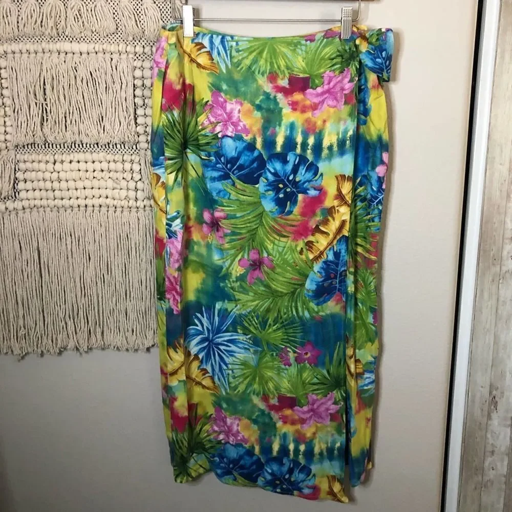 Nancy Bolen Tropical Faux Wrap Silk Skirt S